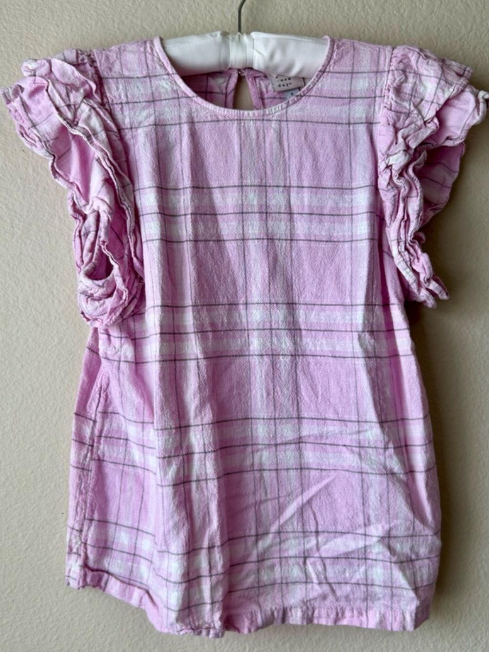 Short Sleeve Blouse Pink Gray White Plaid Double Ruffle Sleeve A New Day Small - Picture 2 of 12